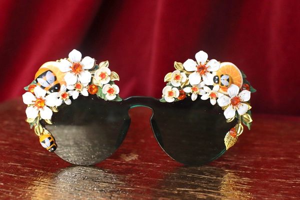 SOLD! 4534 Baroque Orange Fruit Flowers Bee Hand Painted Green Embellished Sunglasses