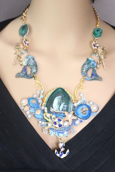 SOLD! 4535 Set Genuine Agate Hand Painted Ship 3D Effect Vivid Faced Mermaids Titanium Druzy Necklace + Earrings