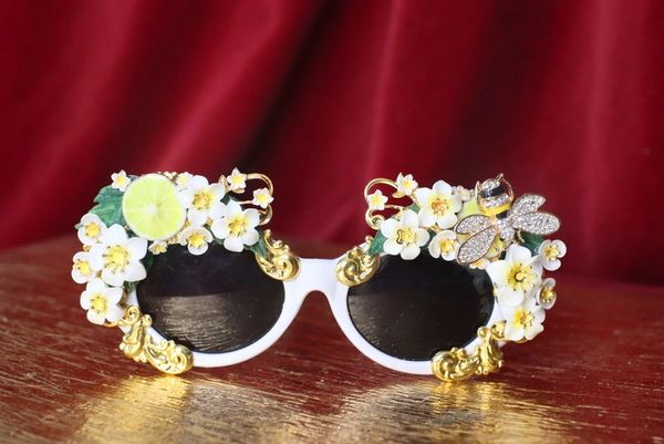 SOLD! 4536 Baroque Lemon Fruit Flowers Bee Hand Painted Crystal Bee Embellished Sunglasses