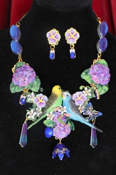 SOLD! 4537 Set Of Lilac Vivid Love PArrots Genuine Mystic Opal Necklace + Earrings