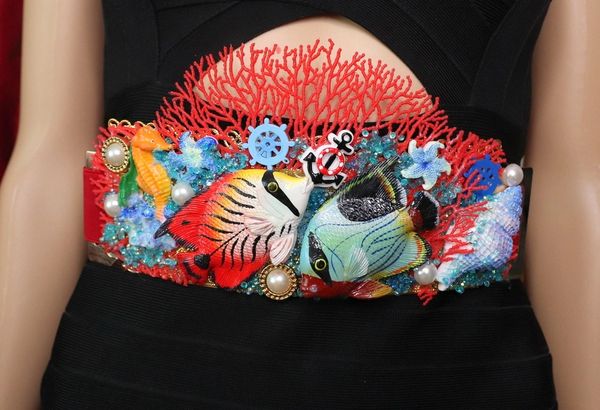 SOLD! 4546 Nautical Vivid Fish Coral Reef Hand Painted 3D Effect Embellished Waist Belt