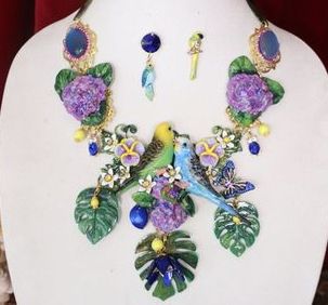 SOLD! 4554 Set Of Lilac Vivid Love PArrots Genuine Mystic Opal Necklace + Earrings
