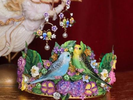 SOLD! 4555 Set Of Hand Painted Art Nouveau Parrots Lilac Flowers Crown+ Earrings