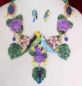 SOLD! 4556 Set Of Lilac Vivid Love PArrots Genuine Mystic Opal Necklace + Earrings