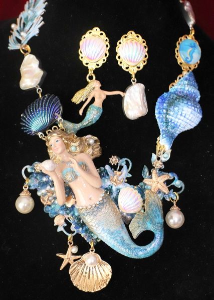 SOLD! 4562 Set Of Peculiar Hand Painted Genuine Biwa Pearl Titanium Shell Huge Mermaid Coral Reef Necklace+ Earrings