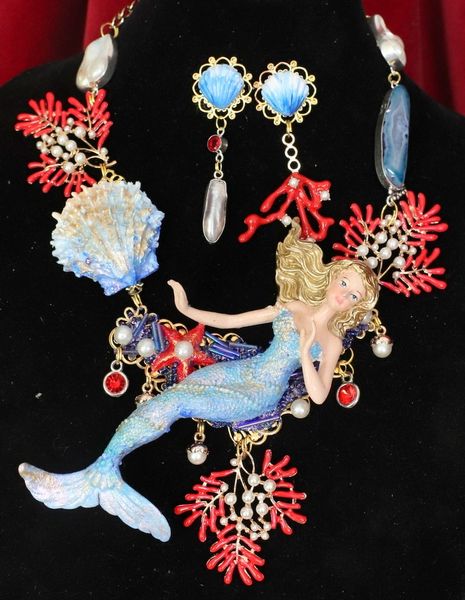 SOLD! 4563 Set Of Peculiar Hand Painted Genuine Biwa Pearl Agate Huge Mermaid Coral Reef Necklace+ Earrings