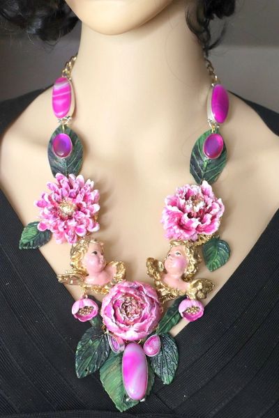 SOLD! 4566 Baroque Hand Painted Peony Vivid Chubby Cherubs Genuine Lace Agate Fire Topaz Necklace