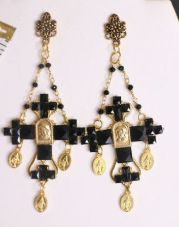 SOLD! 4571 Baroque Black Cross Madonna Coin Studs Earrings