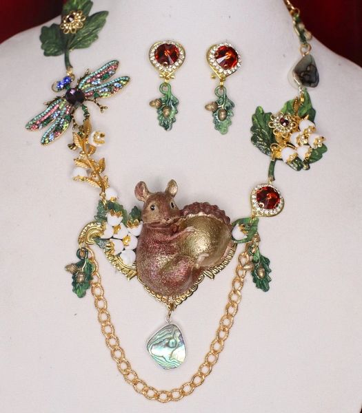 SOLD! 4573 Set Of Peculiar Hand Painted Genuine Adorable Gerbil Mouse Genuine Abalone Shell Necklace+ Earrings