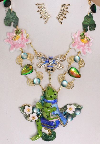 SOLD! 4574 Set Of Peculiar Hand Painted The Frog Prince Genuine Green Fire Opal Necklace+ Earrings