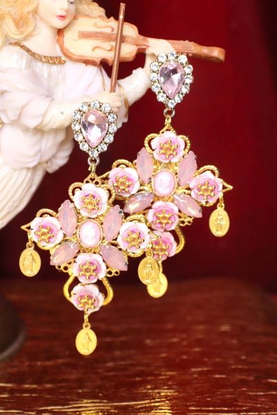 SOLD! 4580 Baroque Pink Crystal Roses Cross Studs Earrings