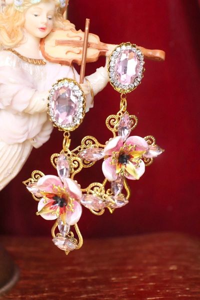 4581 Baroque Pink Crystal Pearl Flower Cross Studs Earrings