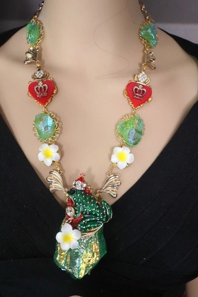 4582 Set Of Unique The Frog Prince Genuine Druzy Slice AgateHand Painted Necklace+ Earrings