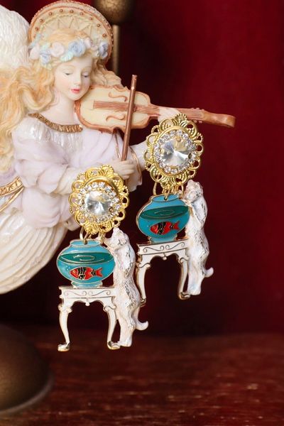 SOLD! 4586 Unusual Baroque White Enamel Victoran Cat Fish Earrings