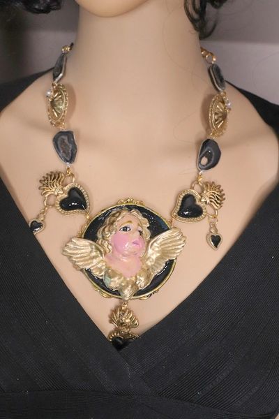 SOLD! 4592 Genuine Agate Baroque Hand Painted Cherub Sacred Hearts Necklace + Earrings