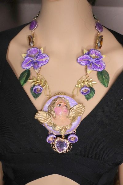 SOLD! 4593 Genuine Agate Baroque Hand Painted Lavender Orchids Cherub Necklace + Earrings