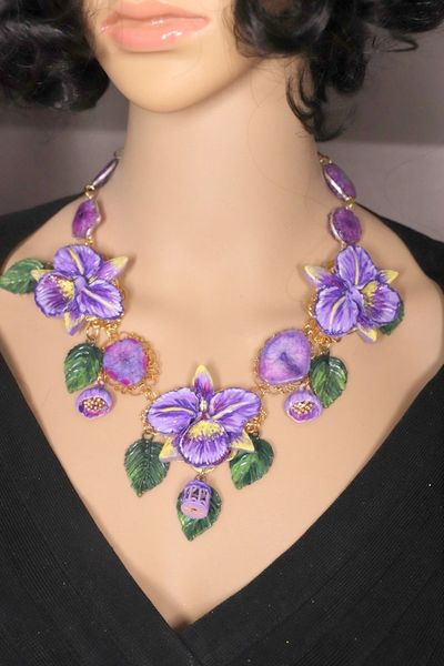 SOLD! 4594 Genuine Agate Solar Quartz Tourmaline Baroque Hand Painted Lavender Orchids Necklace + Earrings