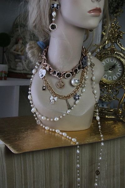 565 SOLD! SET Byzantine Coco Chain Pearl Runway Camellia Fashion Statement Necklace