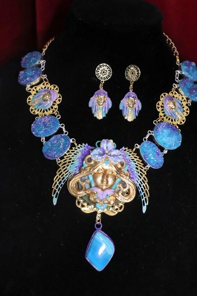 SOLD! 4596 Genuine Druzy Agate Baroque Hand Painted Roman GoddessNecklace + Earrings