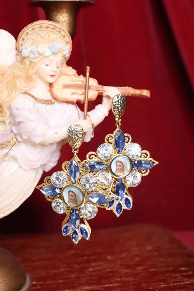 SOLD! 4597 Virgin Mary Light Blue Crystal Cross Studs Earrings
