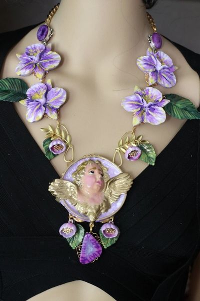 SOLD! 4607 Genuine Agate Baroque Hand Painted Lavender Orchids Cherub Necklace + Earrings