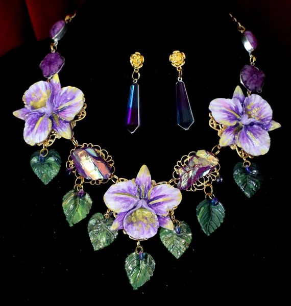 4608 Genuine Agate, Sliced AgatesTourmaline Baroque Hand Painted Lavender Orchids Necklace + Earrings