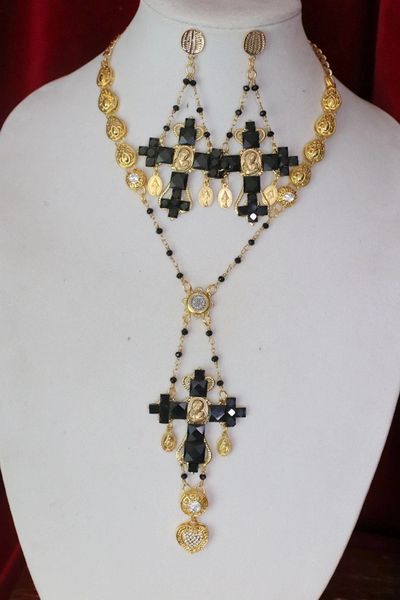 SOLD! 4611 Baroque Oval Runway Black Cross Madonna Virgin Mary Pendant Necklace