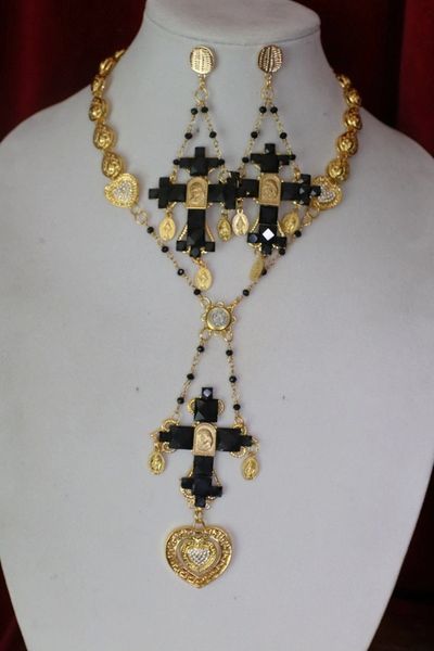 SOLD! 4613 Baroque Runway Black Cross Madonna Virgin Mary Pendant Necklace