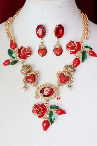 SOLD! 4614 Set Of Baroque Enamel Red Roses Sacred Hearts Necklace+ Earrings