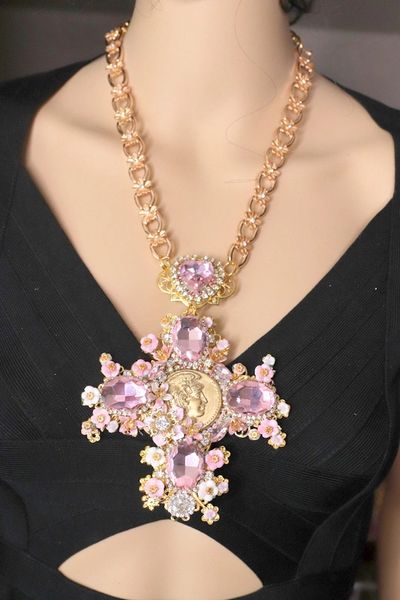 SOLD! 4620 Baroque Runway Roman Coin Cherry Blossom Pink Huge Cross Necklace
