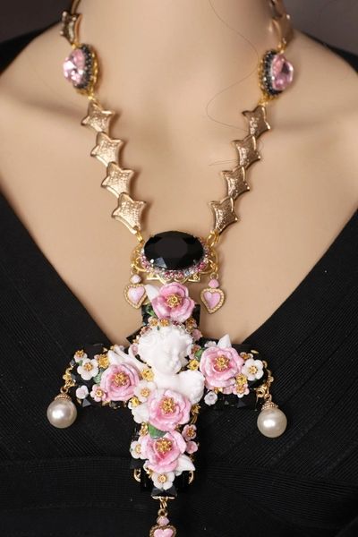 SOLD! 4623 Baroque Runway White Cherub Roses Huge Cross Necklace