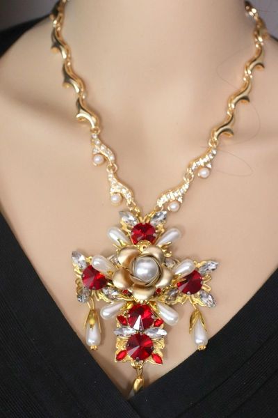 SOLD! 4631 Baroque Runway Red Rhinestones Gold Flower Huge Cross Necklace