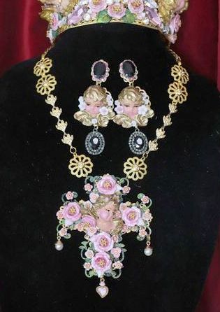 SOLD! 4634 Baroque Runway Pink Roses Vivid Chubby Cherub Angel Huge Cross Necklace
