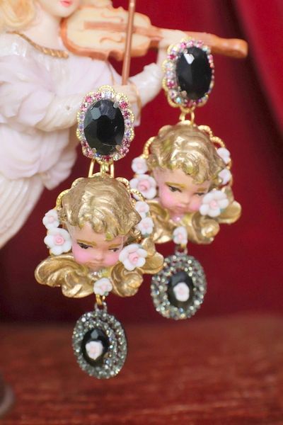 SOLD! 4635 Baroque Vivid Hand Painted Cherubs Angels Black Rhinestones Studs Earrings
