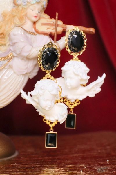 SOLD! 4636 Baroque White Cherubs Angels Black Rhinestones Studs Earrings