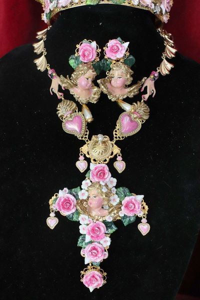 SOLD! 4650 Baroque Runway Pink Roses Vivid Chubby Cherub Angel Sacred Hearts Huge Cross Necklace