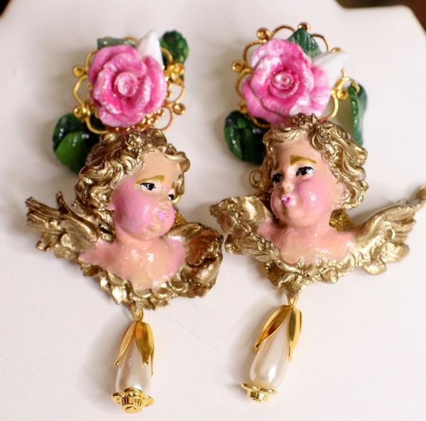 SOLD! 4651 Baroque Vivid Chubby Cherubs Angels Roses Hand Painted Studs Earrings