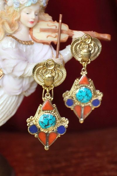 SOLD! 4653 Egyptian Revival Pharaoh Genuine Turquoise Lapiz Earrings Studs