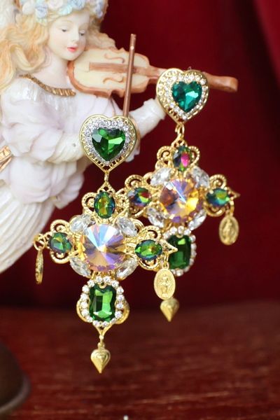 SOLD! 4655 Cross Baroque Green Yellow Rhinestones Madonna Coin Studs Earrings