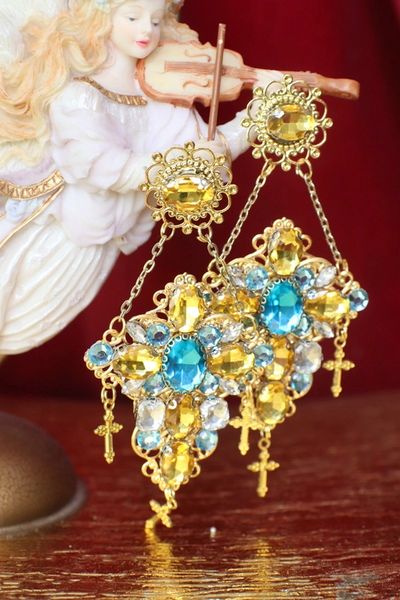 4656 Baroque Aqua Yellow Rhinestones Madonna Coin Massive Studs Earrings