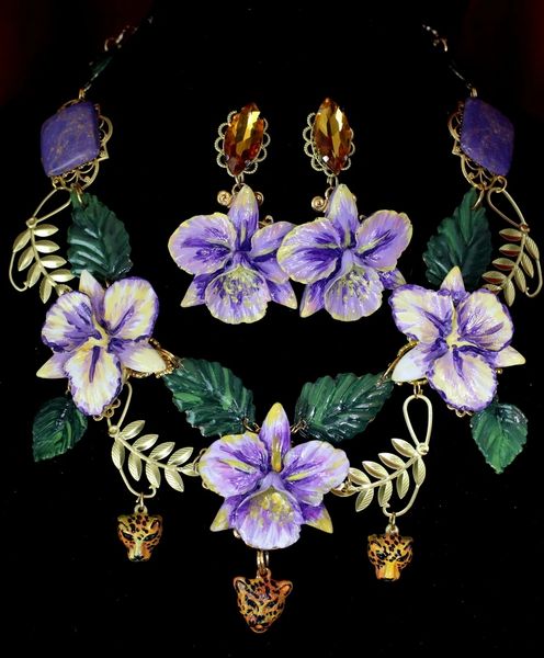 SOLD! 4658 Set Of Baroque Hand Painted Lavender Orchids Leopards Necklace + Earrings