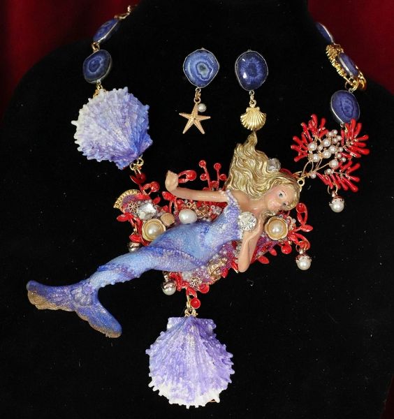 SOLD! 4659 Set Of Peculiar Hand Painted Genuine Biwa Pearl Agate Huge Mermaid Coral Reef Necklace+ Earrings