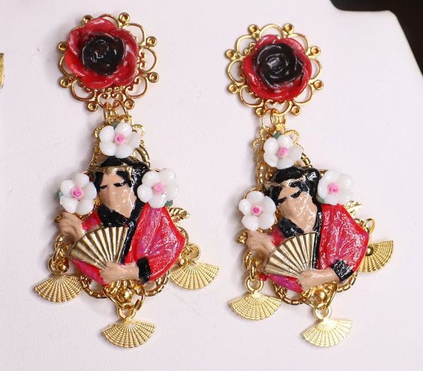 SOLD! 4664 Geisha Japanese Revival Hand Painted Fan Earrings Studs