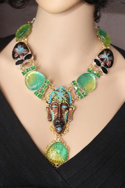 SOLD! 4667 African Revival Mask Genuine Multi Tourmaline, Carved Black Onyx Peridot Necklace