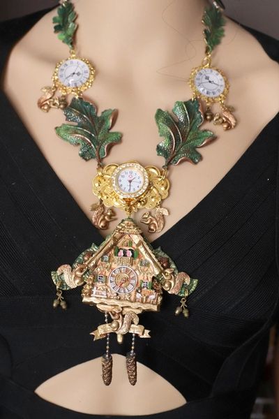 SOLD! 4668 Set Of Peculiar Detailed Coo Coo Clock Squirrels Leaf Necklace+ Earrings