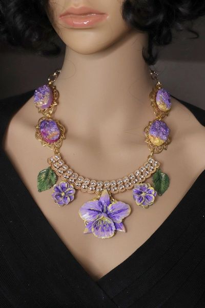 SOLD! 4670 Baroque Hand Painted Lavender Orchids Genuine Druzy Agates Necklace