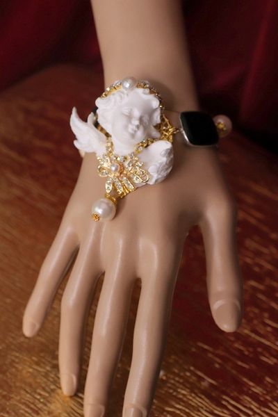 SOLD! 4671 Baroque White Chubby Cherub Black Onyx Bracelet