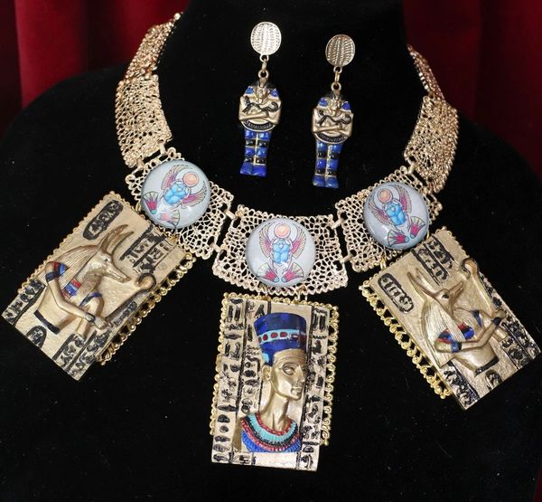 SOLD! 4677 Set Of Egyptian Revival Hand Painted 3D Effect Pharaoh Cleopatra Statement Huge Necklace+ Earrings
