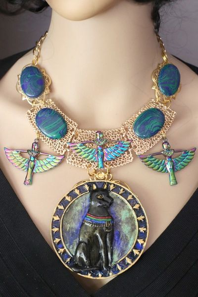 SOLD! 4677 Egyptian Revival Hand Painted Bastet Genuine Azurite Iridescent 3D Effect Statement Huge Necklace