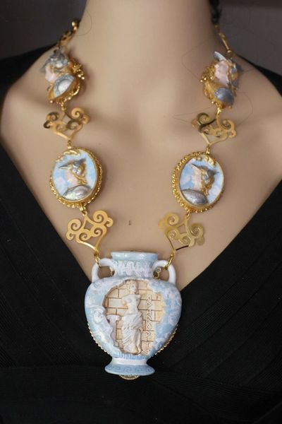 SOLD! 4680 Acropolis Hand Painted 3D Effect Greek Revival Greek Knights Statement Necklace